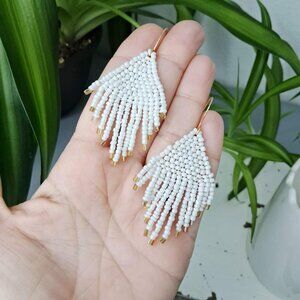 BOGO EARRINGS White and gold beaded fringe dangle earrings, 2.75"